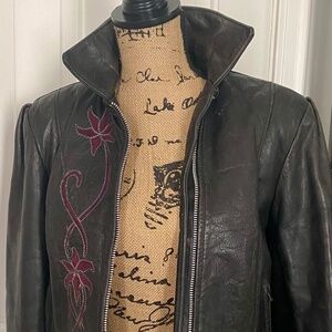 Gypsy Leather Motorcycle Jacket. Black,  Plum Suede Trim. Fringe, Studs.  12